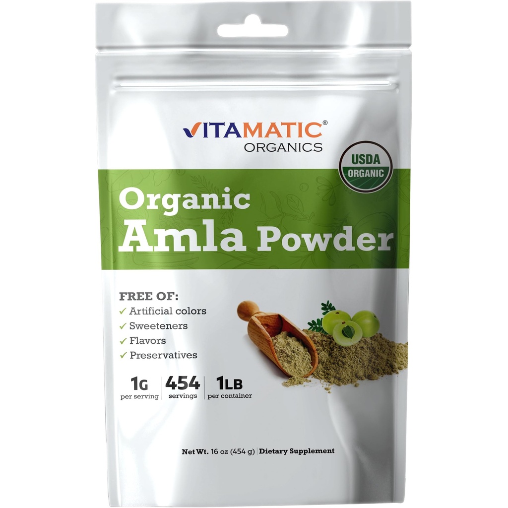 Vitamatic Certified USDA Organic Amla Berry Powder – 1 lb (16 oz) Amalaki | Ricco di vitamina C & Antiossidanti naturali | Supporta la salute immunitaria | senza glutine, non OGM, Kosher