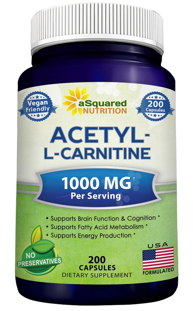 aSquared Nutrition Acetyl L-Carnitina 1000mg Max Strength - 200 capsule vegetali - Acetil ad alta dose L Carnitina HCL (ALCAR) Supplemento pillole per sostenere l'energia pura, la funzione del cervello e l'acido grasso
