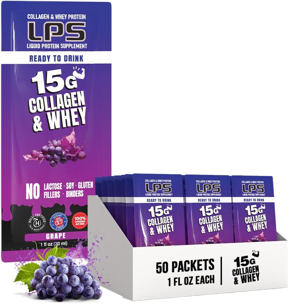 LPS Liquid Collagen & Whey Protein Supplement - Non OGM Drink, Sugar-Free - Promuove la pelle sana & capelli per gli uomini e le donne, l'uva, la singola dose (50 pacchetti)