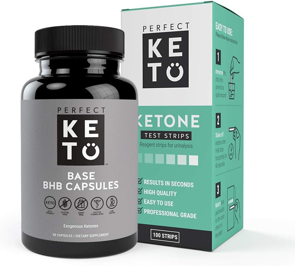 Perfetto Keto Exogenous chetoni Base BHB Supplemento (60 capsule) - Ketogenic Diet Support Weight Management, Energy & Focus - Ketosis Beta-Hydroxybutyrate con (100 pz) Keto Strips Bundle