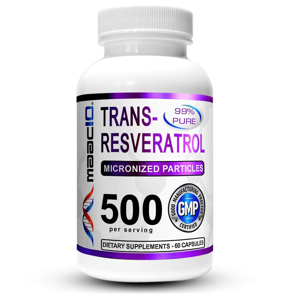 MAAC10 Trans Resveratrolo 500mg Supplemento (Micronized Pharmaceutical Grade 99% Pure Trans-Resveratrolo Extract + BioPerine per assorbimento superiore) (2X 250mg capsule 60ct)
