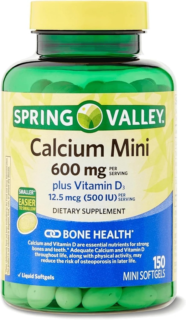 Vitamina D3 150 Mini Softgels | Calcium Supplemento | Calcium Mini softgels | Calcium 600 mg con vitamina d3 | Carbonato di calcio 600 mg, 150 Mini Softgels +