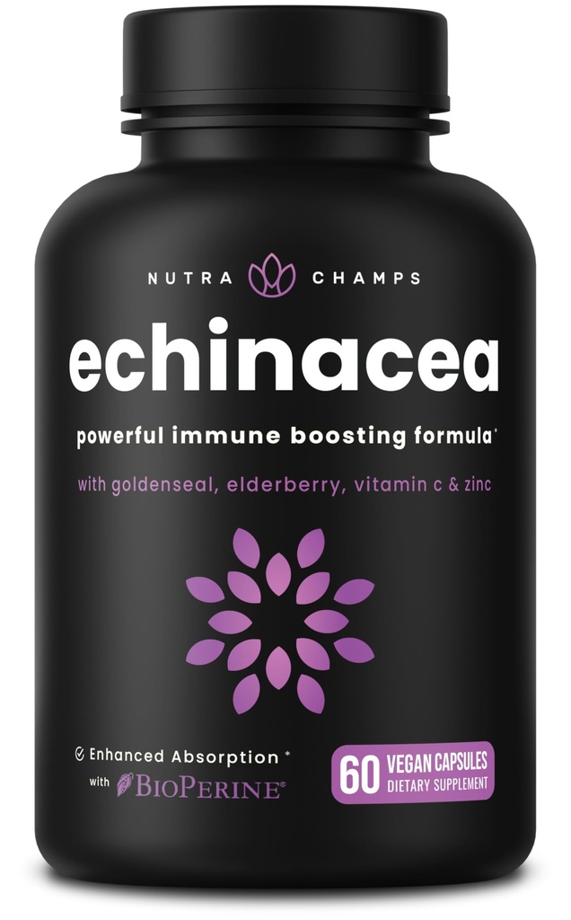 NutraChamps Echinacea Capsule 1000mg - 8-in-1 Integratore di supporto immunitario - Echinacea Goldenseal, Vitamina C, Zinco, Ginger, Elderberry - 60 Capsule