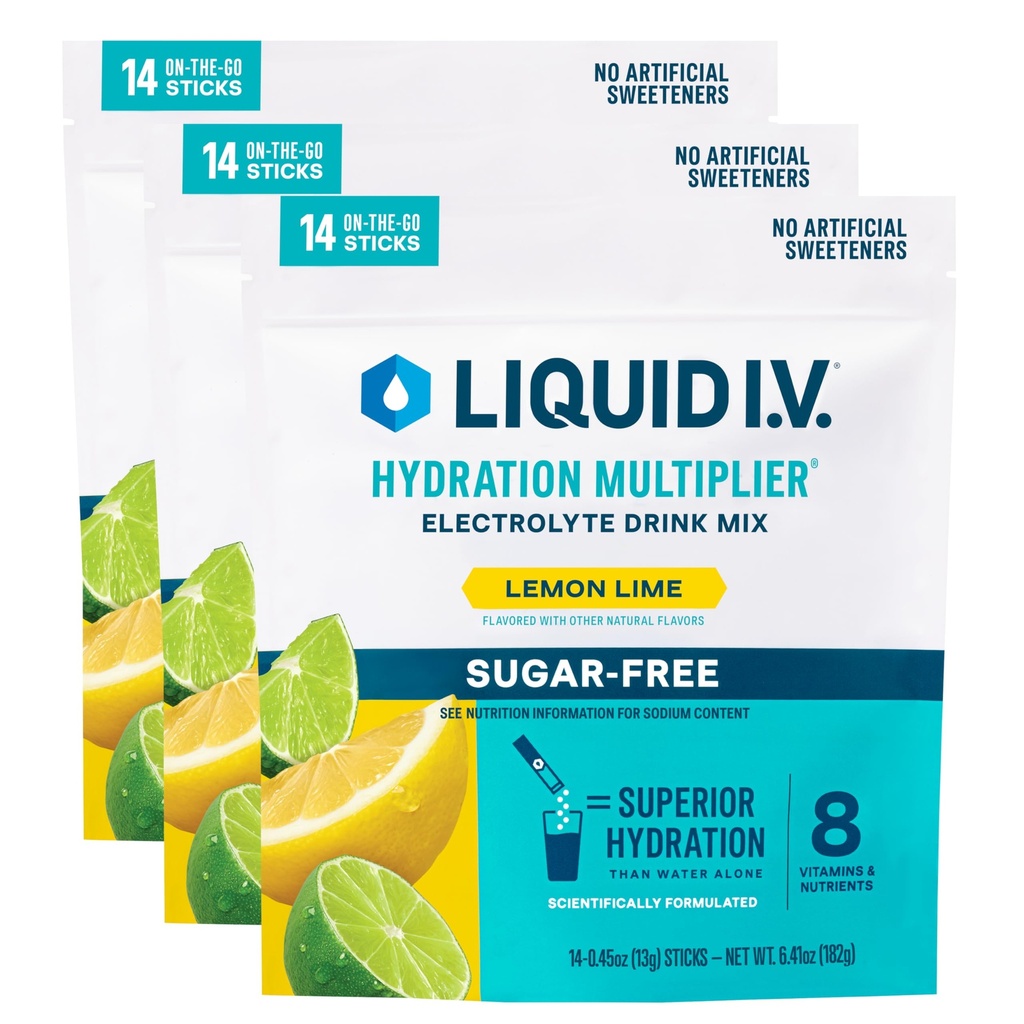 Liquido I.V.® Hydration Multiplier® Sugar-Free - Lime Limo - Imballaggio della polvere di idratazione | Miscela della bevanda della polvere dell'elettrolita | Bastoncini di singola generazione conveniente | Non OGM | 14 Serve (pacchetto di 3)