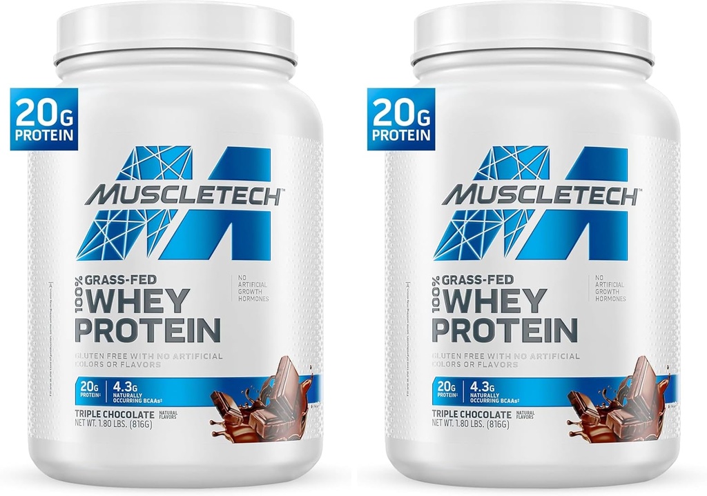 MuscleTech Grass Fed Whey Protein Polvere per guadagno muscolare, ormone della crescita libero, non OGM, senza glutine, 20g Protein + 4.3g BCAA, triplo cioccolato, 1,8 lbs (Pack of 2)