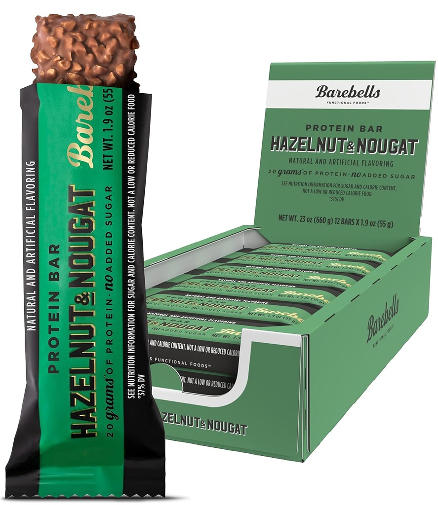 Barebells Protein Bars Hazelnut & Nougat - 12 Conte, 1.9oz Bars - Spuntini di proteine con 20g di proteine - Barretta di proteine di cioccolato con 1g di zuccheri totali - Su Go Protein Snack & Breakfast Bar