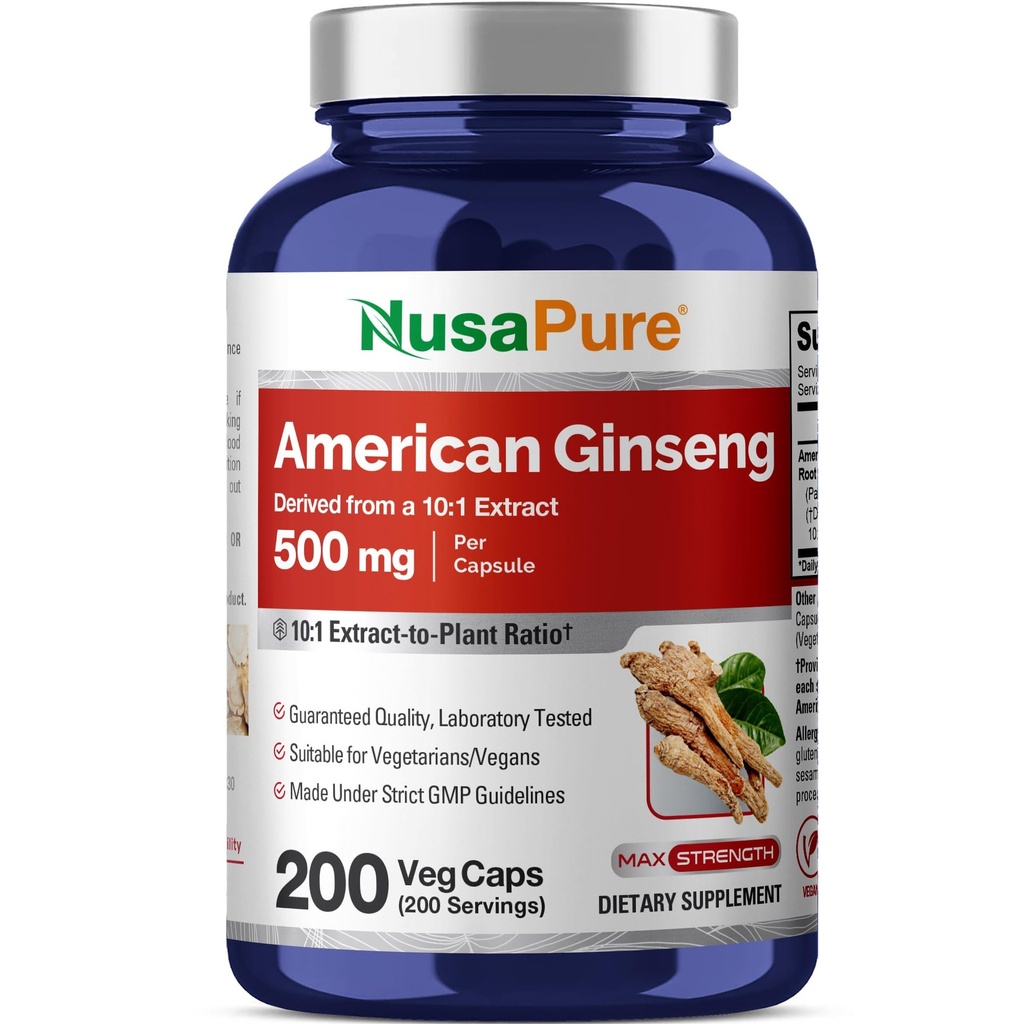 NusaPure American Ginseng 10:1 Extract, 500 mg Equivalente a 5000mg - 200 capsule vegetali (Vegetarian, Non OGM, Vegan)