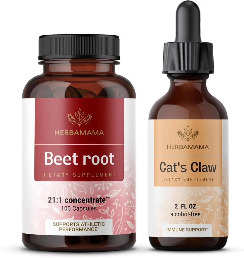 HERBAMAMA Beet Root e Cat's Claw Kit - Bundle di 21:1 Concentrate barbabietola Root e Gatto Claw Tincture 2 fl oz - Vegan, Non-GMO, Sugar & Alcohol-Free - 2 Pack