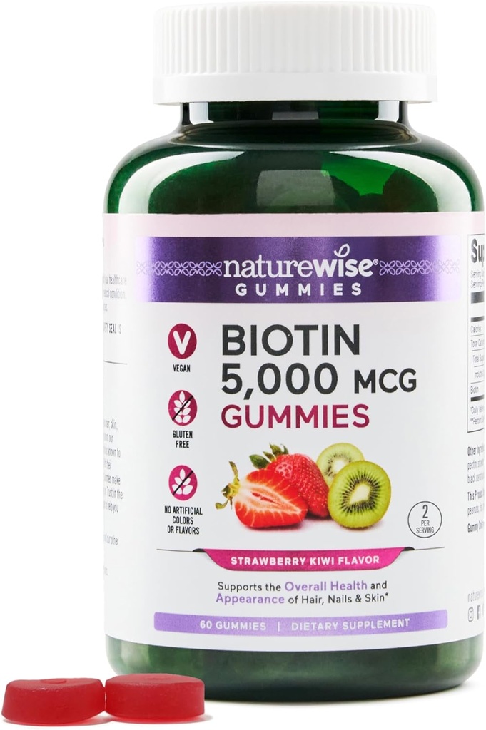 NatureWise Biotin Gummies - Supporta capelli sani, pelle e unghie forti - Vitamina B7 5000mcg - Bellezza naturale - Strawberry-Kiwi Flavor - Vegan, Non-GMO, Gluten Free - 60 Count[30 Day Supply]