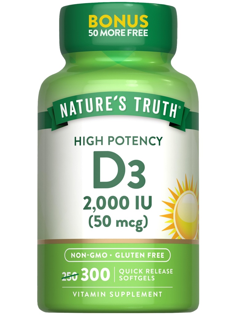 Vitamina D3 2000 IU | 300 Softgels | Formula ad alta potenza | Supplemento gratuito non OGM & Gluten