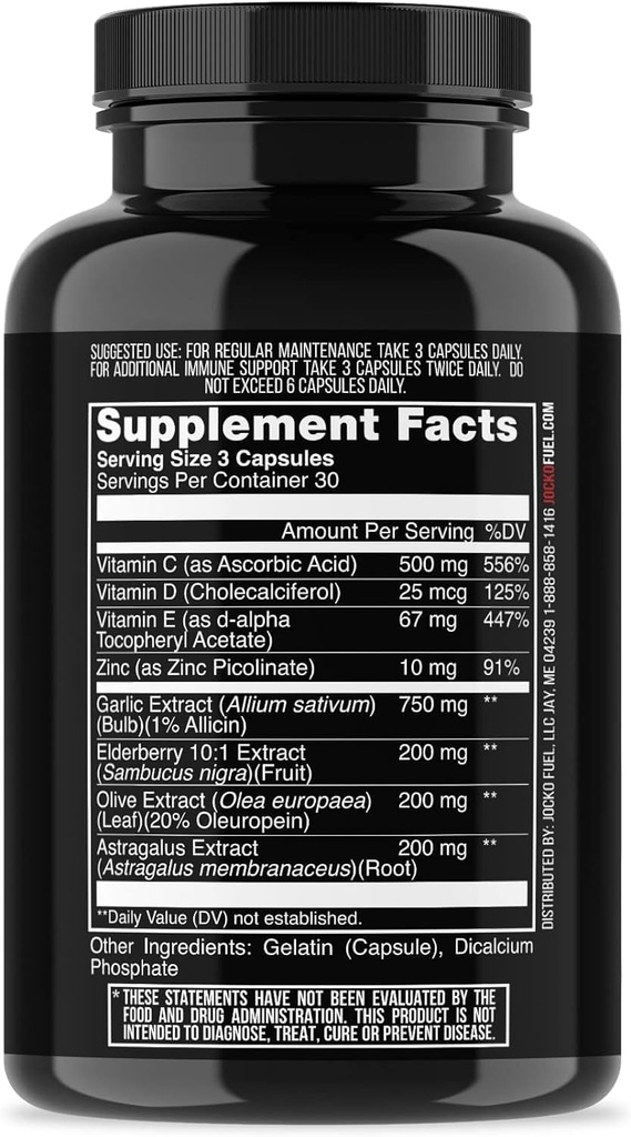 Jocko Fuel Immune Support Supplement - Elderberry con Zinc & Vitamina C per Adulti - Difesa Immune con Vitamina C, D3, Superfoods, Erbe, & Minerali (90 capsule)