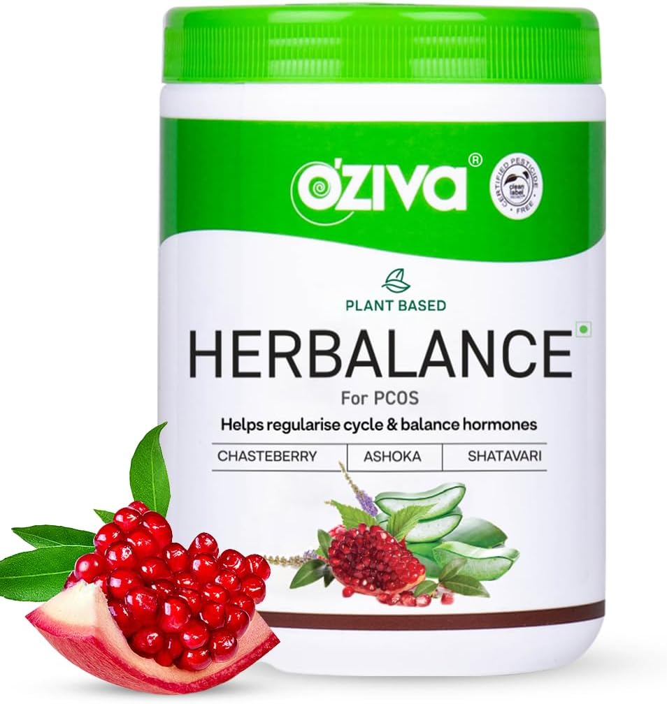 OZIVA Plant Based HerBalance per PCOS | PCOS Supplemento per le donne per l'equilibrio ormonale e migliore ciclo mestruale | PCOS Bere con Inositol, Shatavari, Chasteberry, Ashoka Certified Clean & Vegan, 250g
