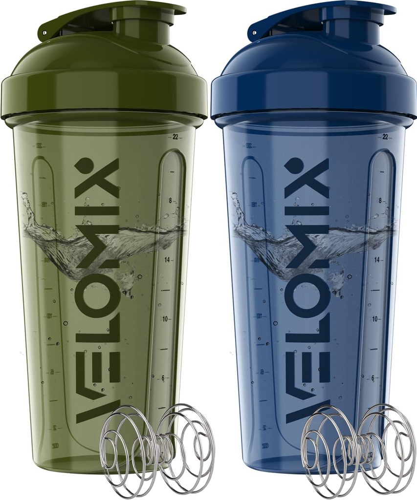 VELOMIX -2 Pack- 28 oz Protein Shaker Bottiglie per miscele proteiche - 2x Wire Whisk | Leak Proof Shaker Cups per Protein Shakes | Pre Workout Shaker Bottiglia | Shaker per Protein Shakes-Green&Blue