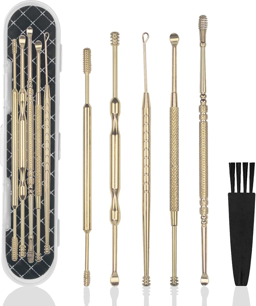 Hion 6 Pcs Extended Ear Wax Removal Kit,Professional doppio-headed Ear Pick Earwax strumenti di rimozione, 316L acciaio inossidabile Ear Cleaner Curette con spazzola di pulizia e scatola di stoccaggio,Suit per Kid Adult(Gold)