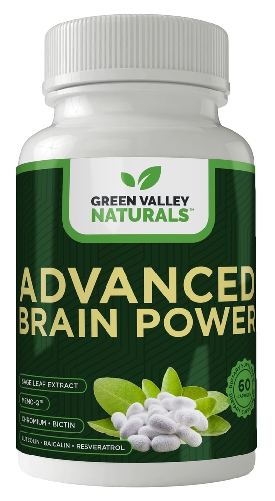 GREEN VALLEY NATURALS - Advanced Brain Power - Supporta la funzione sana e normale del cervello, messa a fuoco e concentrazione, formulata clinicamente per supportare la chiarezza sana del cervello. (1 Bottiglia, 60, Conte)