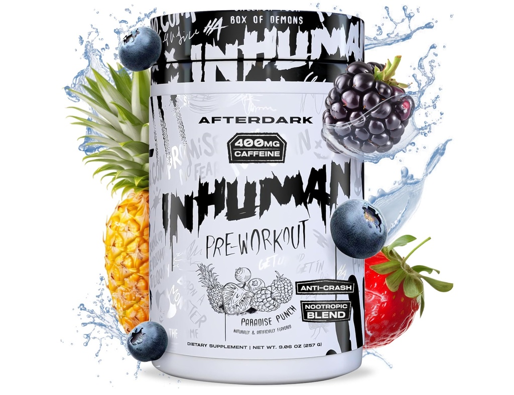 AFTERDARK INHUMAN polvere di pre-allenamento, connessione Mente-Muscle potenziata, energia sostenuta, Potente miscela nootropica, Vegan, senza glutine, senza soia, 400 mg di caffeina, senza Crash, Paradise Punch