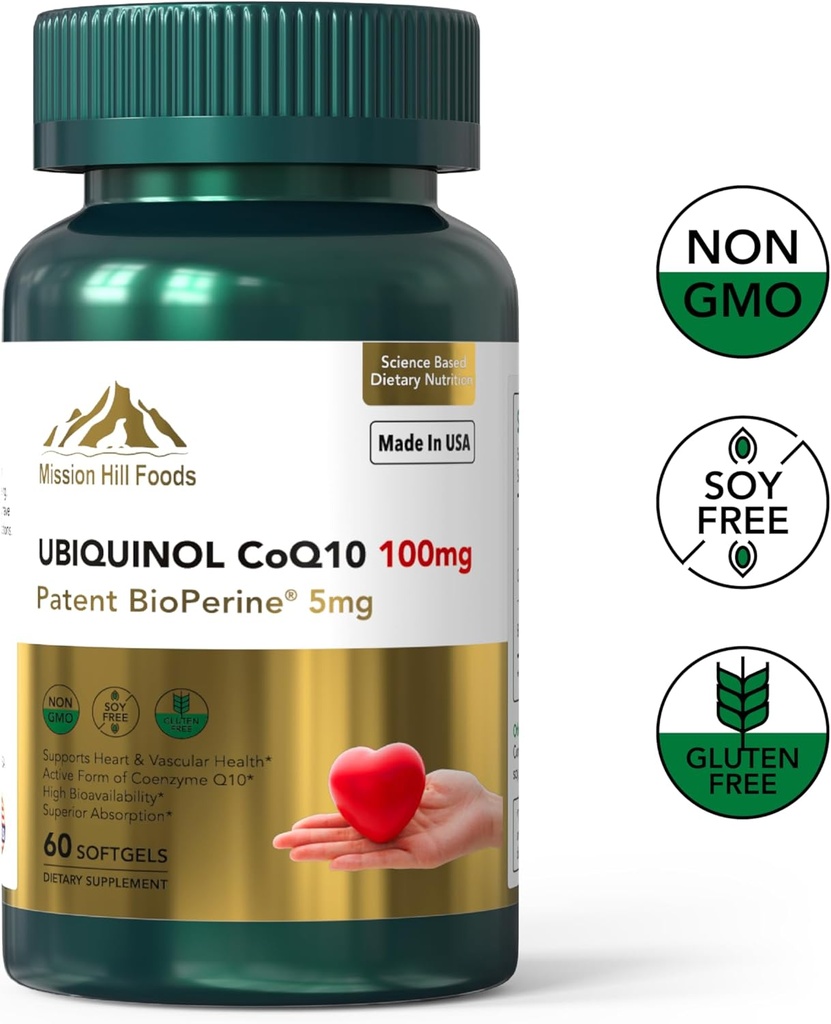 Premium Ubiquinol CoQ10 + BioPerine (100mg) | Antiossidante per la salute del cuore (1 Bottiglia-60 Softgels-2mo Alimentazione) | Cuore ad alto assorbimento e vitamine vascolari | Non OGM & Gluten Free