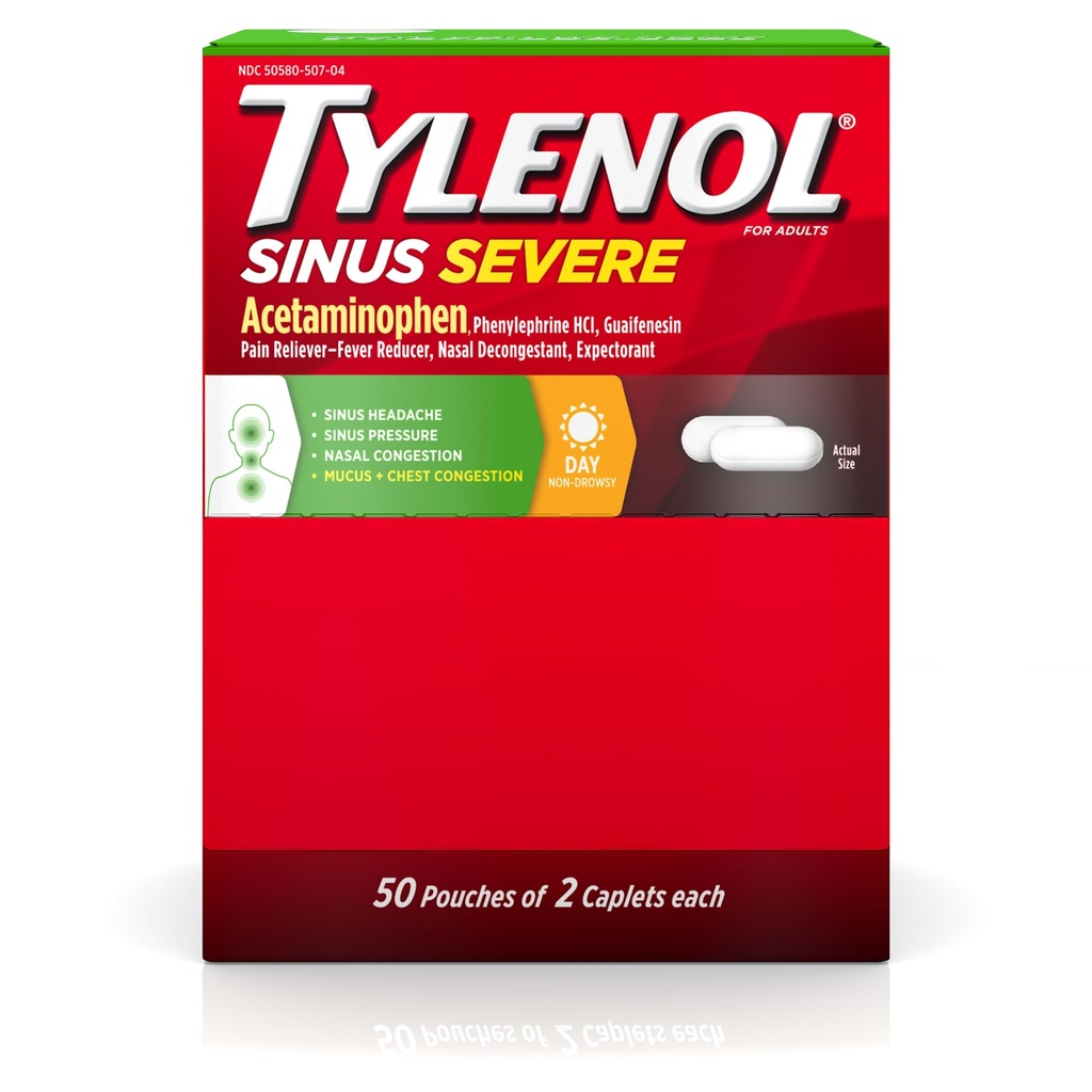 Tylenol Sinus Severe Caplets Daytime con Acetaminophen 325mg, Guaifenesin 200mg & Phenylephrine HCl 5mg, Non-Drowsy Pain Reliever, Expectorant & Nasal Decongestant, 50 pacchetti di viaggio di 2 ct