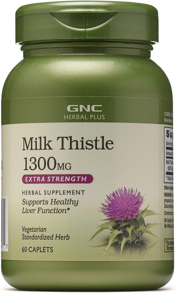 GNC Herbal Plus Milk Thistle 1300mg Supplemento, Extra Forza, Vegetariano, Supporta la funzione di fegato sano, 60 Serve