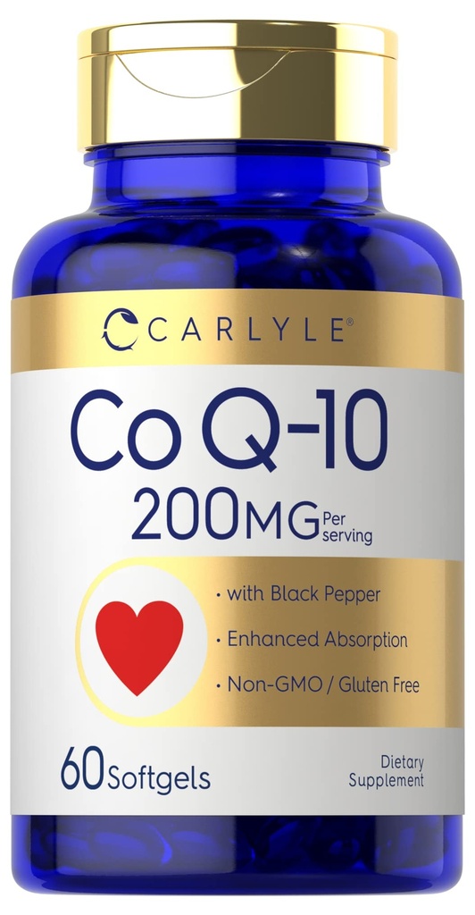 Carlyle CoQ10 200mg Softgels | 60 Count | con pepe nero | Assorbimento potenziato | Non OGM, Integratore senza glutine