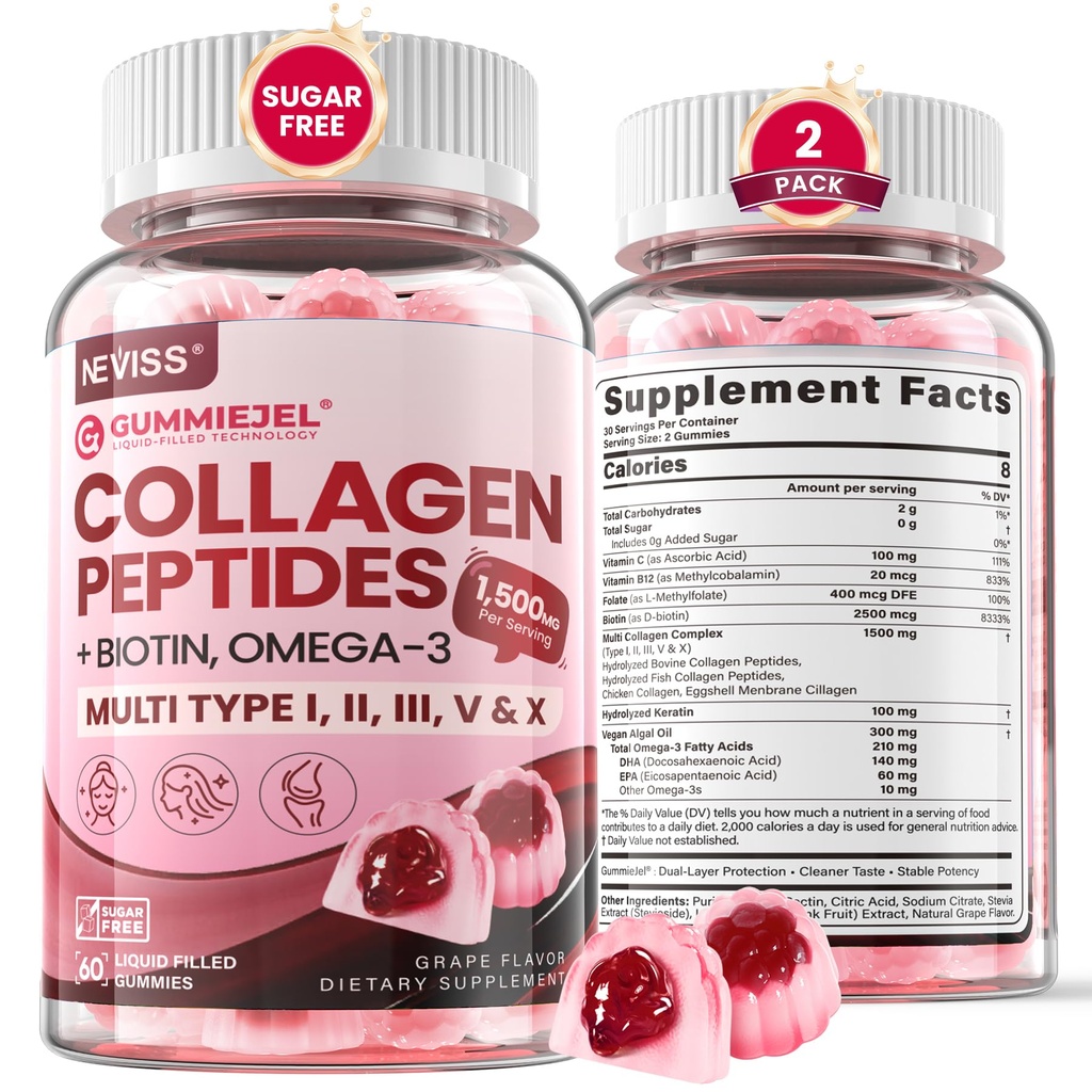Peptidi di collagene idrolizzati, Gummie marine per uomini donne, Multi Collagen Tipo I II III V & X per la crescita dei capelli, Chiodi sani della pelle - Gomma del collagene w/Hair Vitamins Biotin Keratin & Vitamina D3, 120Cts