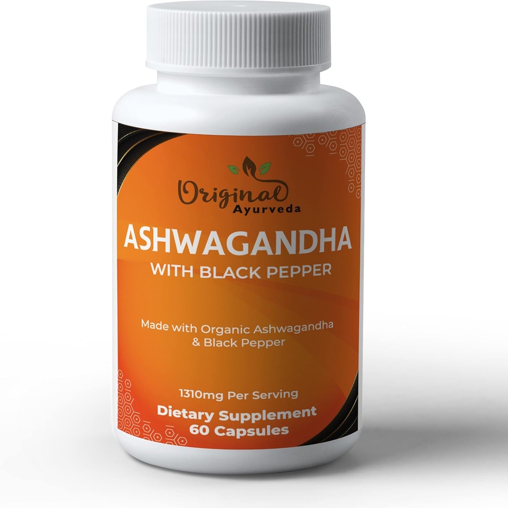 Certificato di Ashwagandha Organico con supplemento di pepe nero biologico - 1310mg - Non OGM, senza glutine - laboratorio di terze parti testato
