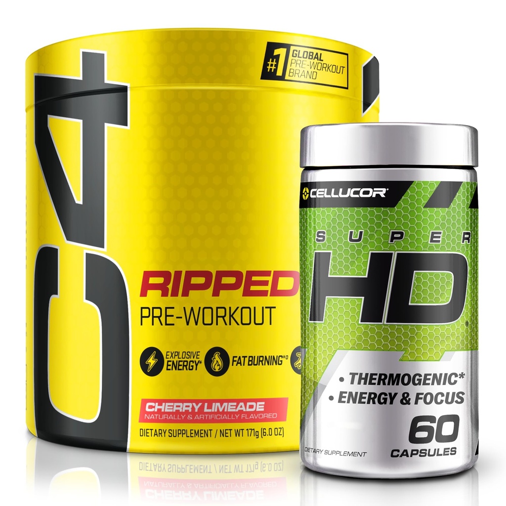 C4 Ripped & SuperHD, Il Bundle Termogeno, C4 Ripped Pre Workout Powder, Cherry Limeade 30 Servings + SuperHD con Capsimax e Green Tea Extract, 60 Servings