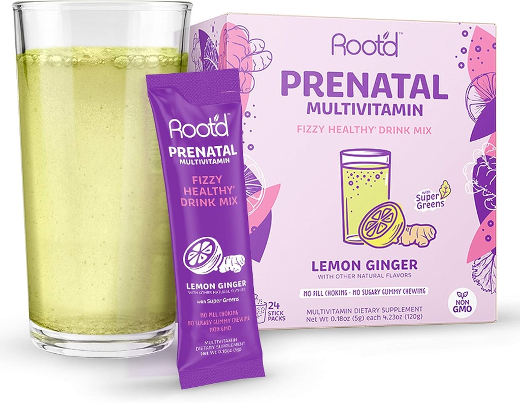 Radice - Polvere vitamina Prenatale - Gravidanza Multivitamina con 25 vitamine e minerali A, C, D, E, B12, B6, K, Ferro, Folato, Probiotici, Super Green organici | Lemon Ginger | 24 Effervescenti Stick Pack