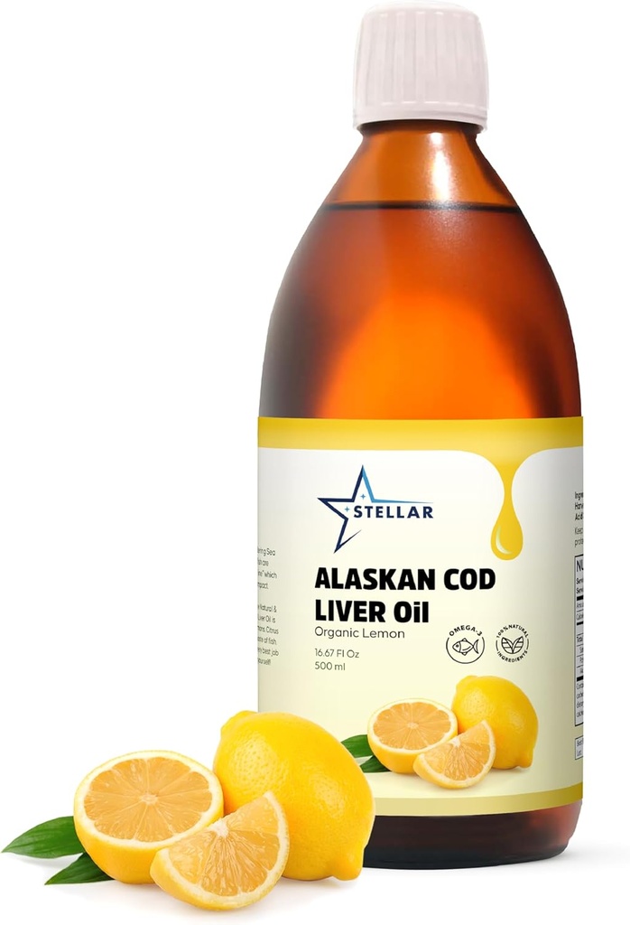 Stellar Alaskan Cod Liver Oil - Organic Lemon, 16.67 oz | Wild-Caught in USA | Rich in Omega-3 DHA/EPA & Vitamina D | Non OGM Certified | Supports Heart, Brain & Immune Health