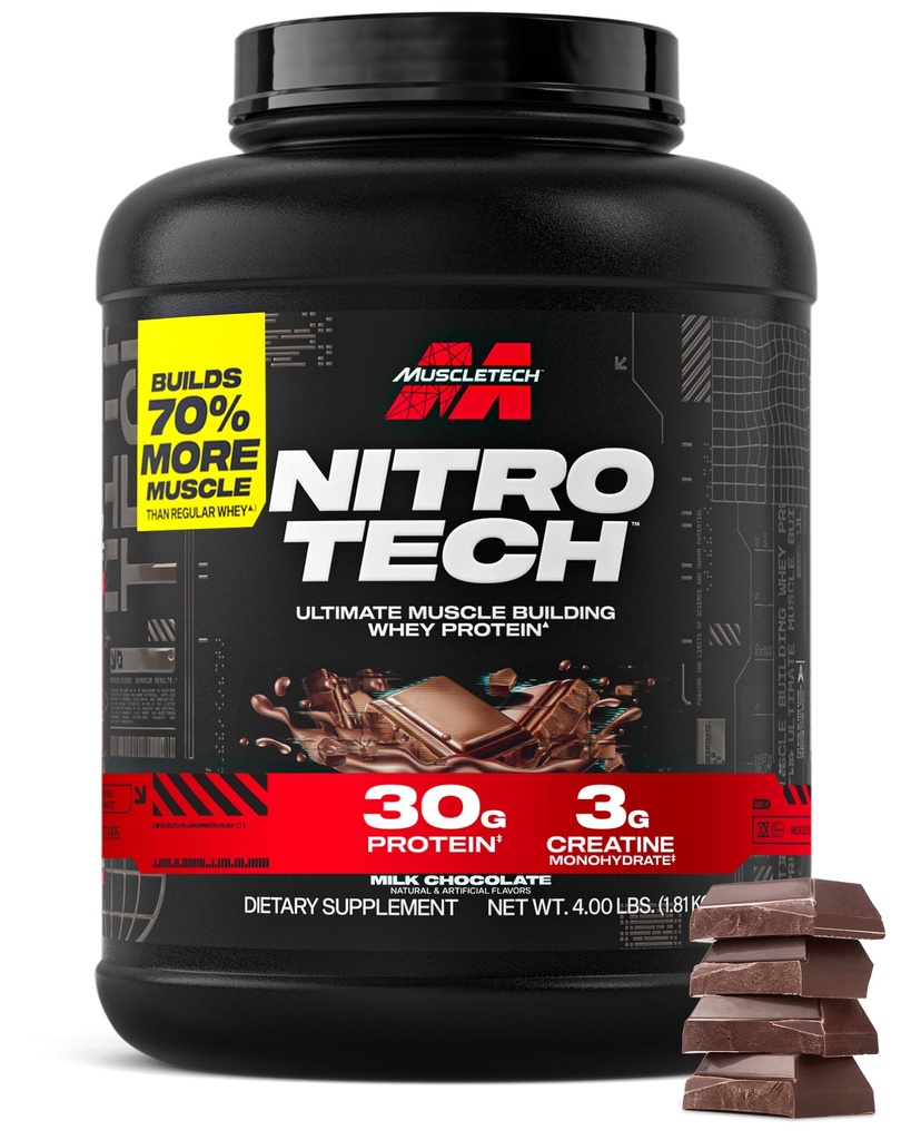 Muscletech Whey Protein Powder (Milk Chocolate, 4 Pound) - Nitro-Tech Ultimate Muscle Building Formula con Whey Protein Isolate - 30g di Protein, 3g di Creatine & 6.8g di BCAA - Packaging May Vary