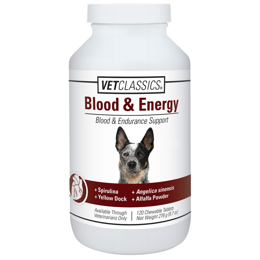 Vet Classics Blood & Energy Support for Dogs, Supports Endurance with Spirulina, Yellow Dock, & Alfalfa Support Formazione di Hemoglobin e Myoglobin, 120 Chewable Tablets