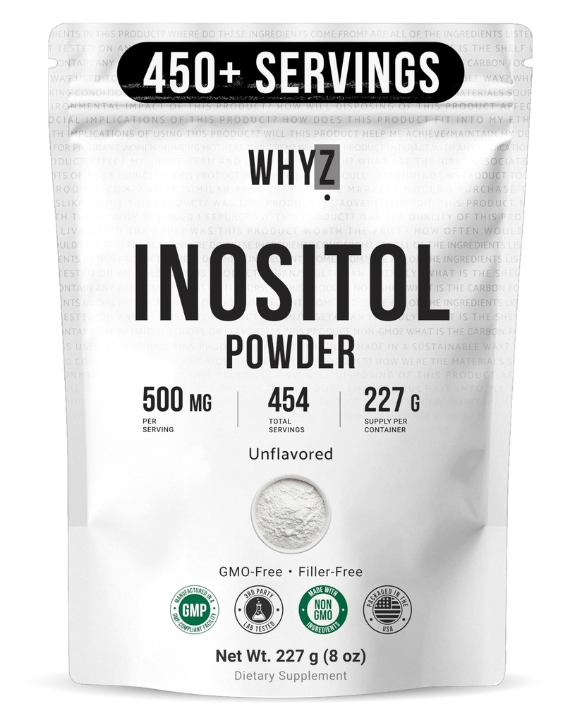 Polvere di mio-inositolo 8oz, integratore naturale di inositolo di Myo per il supporto ovarico, fertilità e equilibrio ormonale, polvere di inositolo puro, supplemento di mio-inositolo per energia, salute del cervello, 454 Servings