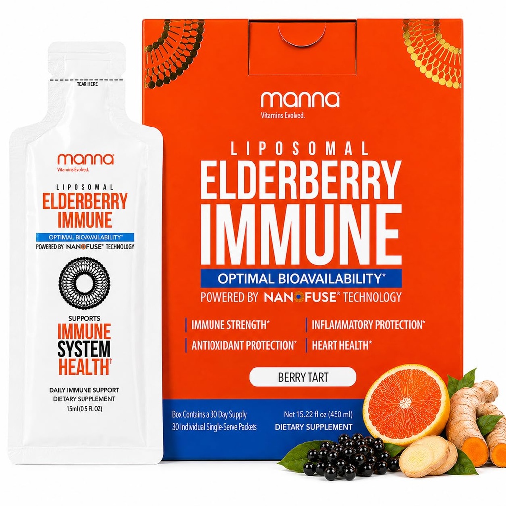 Manna Vitamine Evolved Liposomal Elderberry Immune Packets, Vitamine C, D ecc. - Supporto giornaliero per adulti, bambini - Sugar Free, Estratto di sambuco reale, Syrup, Travel-Friendly, 15 Pack