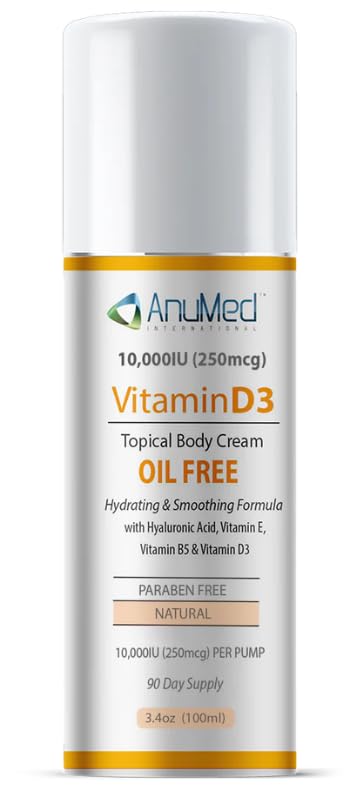 Vitamina AnuMed D3 10.000 IU Crema senza olio con Magnesio + Acido Ialuronico, Vitamina E. Crema idratante per pelle secca. Non grassa, Non OGM, 100% Vegan, Senza glutine (3oz)