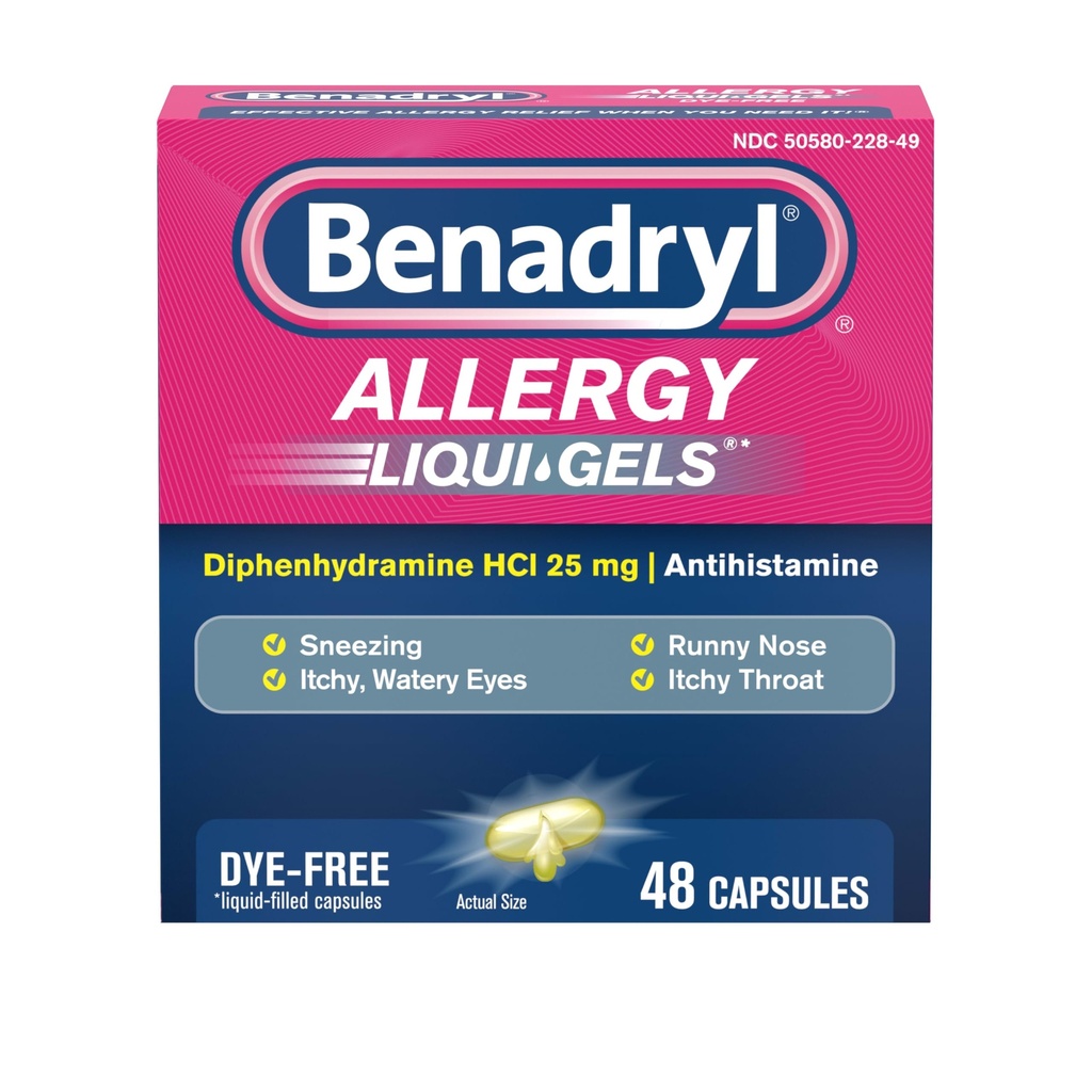 Benadryl Liqui-Gels Antihistamine Allergy Medicine & Cold Symptom Relief, Dye-Free Liquid Gels con 25 mg di Diphenhydramine HCl per sintomi come, Runny Nose, Sneezing & More, 48 ct