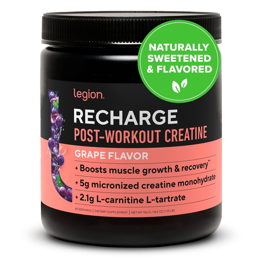 LEGION ricarica post allenamento supplemento - tutto naturale muscolo Builder & recupero bevanda con micronized creatina monoidrato. Naturalmente addolcito e aromatizzato, sicuro e sano. (Grape, 60 Serving)