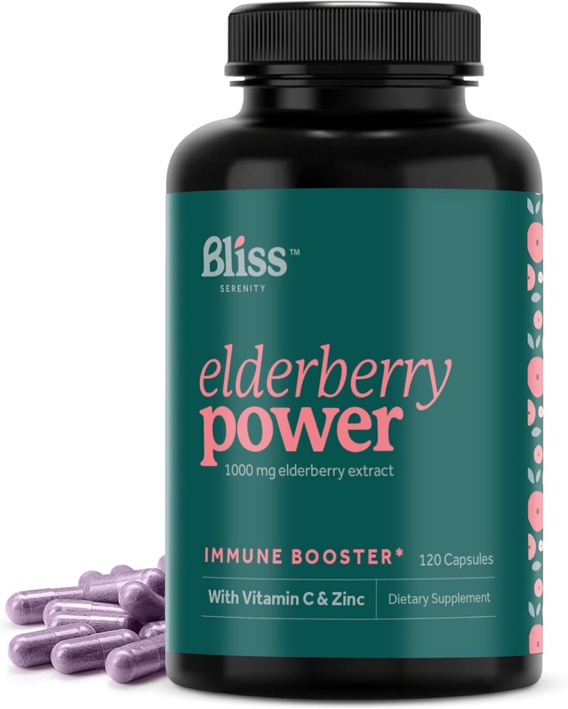 Elderberry con Zinco e Vitamina C per Adulti - Sambucus Elderberry Capsule - 1000 mg di Estratto, Integratore di Supporto Immune per Donne e Uomini, Con Antiossidante Frutta Miscela, 120 Vegcaps, Alimentazione 60 giorni