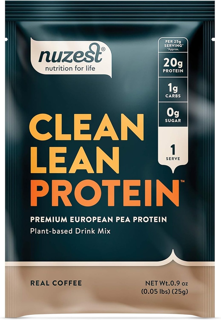 Nuzest - Pea Protein Powder - Clean Lean Protein, Premium Vegan Plant Based Protein Powder, Dairy Free, Gluten Free, OGM Free, Naturally Sweetened Protein Shake, Real Coffee, 1 Serving, 0,9 oz