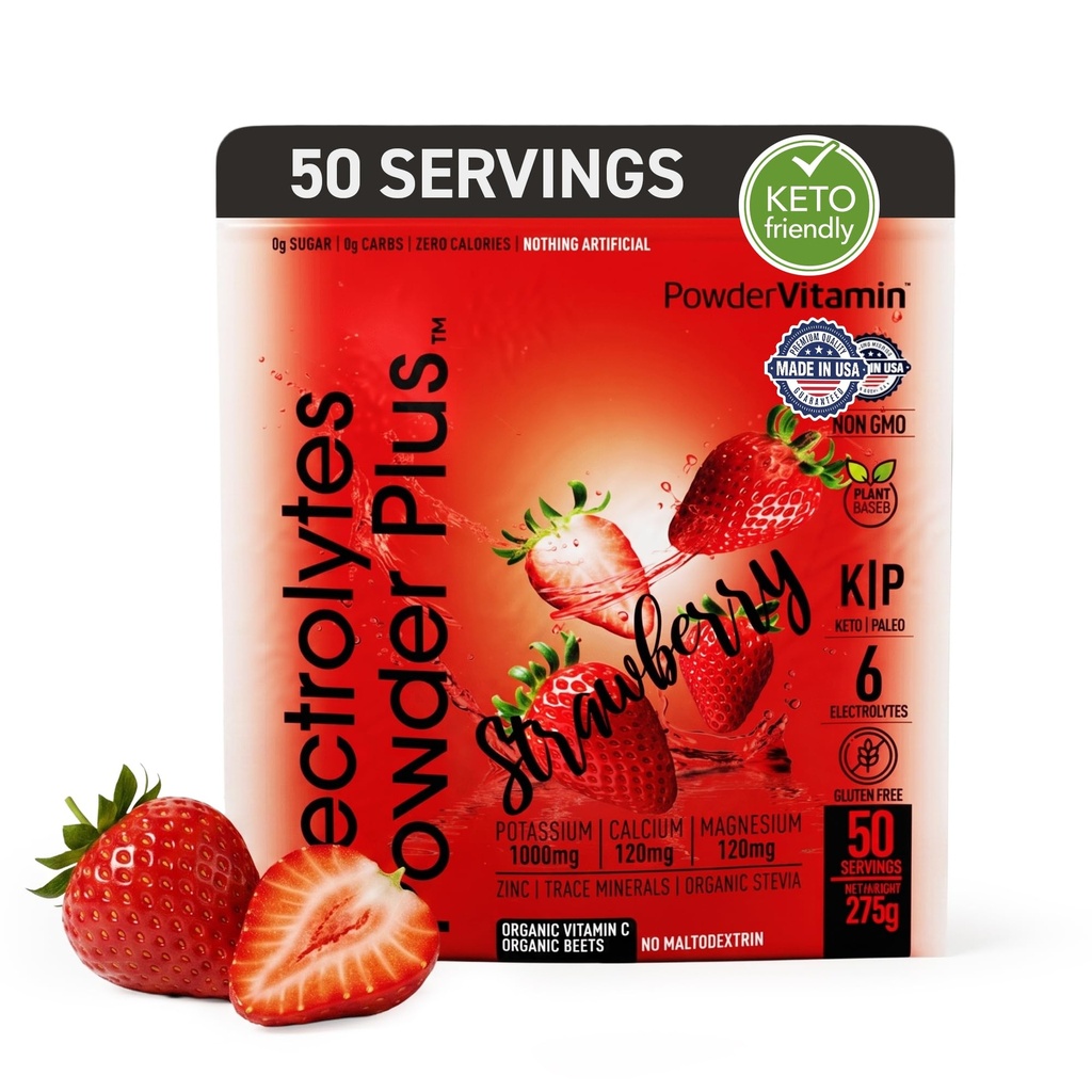 PolvereVitamin Electrolytes Polvere Plus Keto, Fragola (50 Serve) 0 Zucchero, No Maltodextrin, 1000mg Potassium, 120mg Calcio, 120mg Magnesio, Vitamina organica C, Calorie di azoto, Polvere di idratazione dell'energia