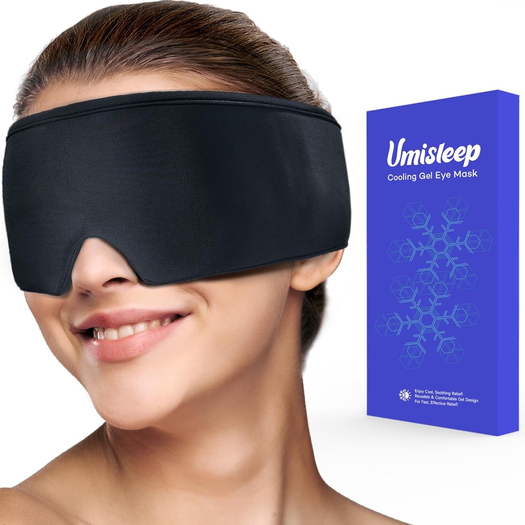 Umisleep Cooling Eye Mask, Soft Cold Sleep Mask for Dry Eyes, Gel Reusable Eye Cover Ice Pack, Cold Compress Therapy, Stye Eye Treatment, Headache, Dark Circles, Puffy Eyes, Migraines Relief, Nero