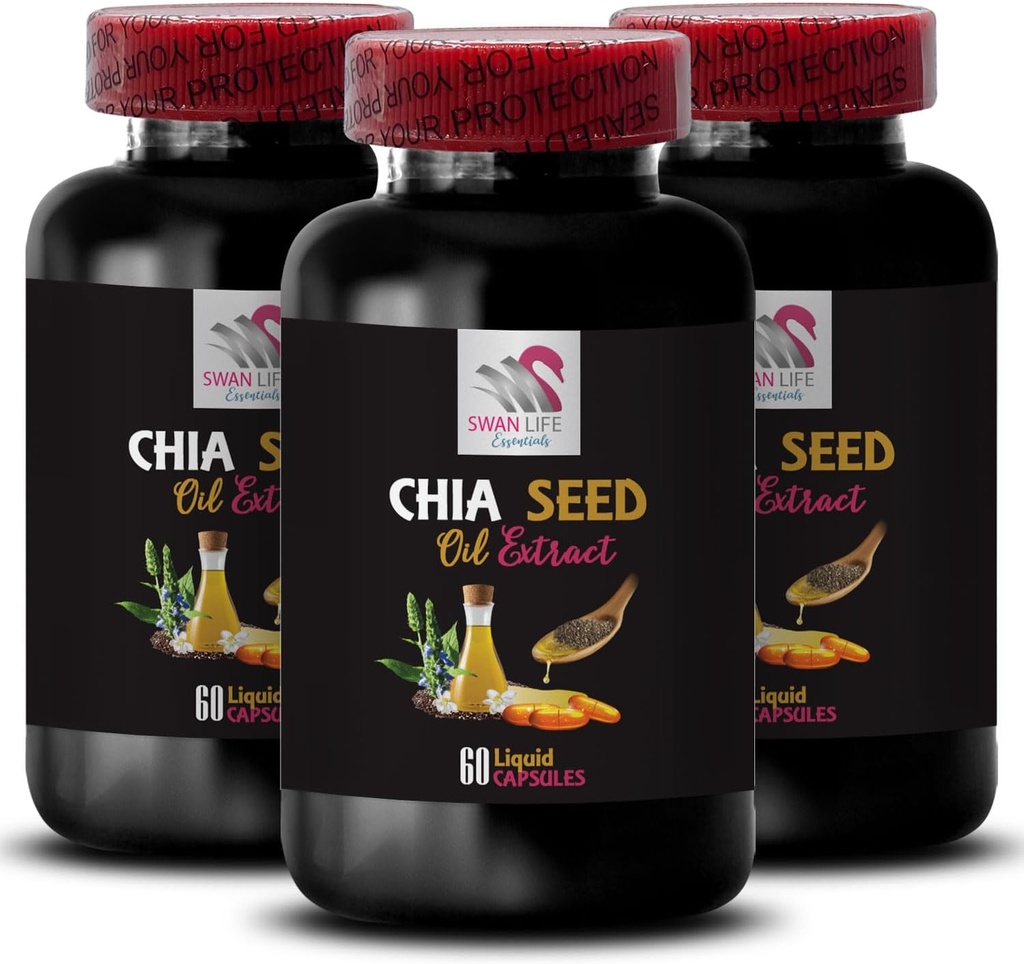 Olio vegetale - CHIA SEED OIL EXTRACT - Olio idratante, texture ricca, cura dei capelli, finitura lucida, lucentezza naturale, benefici Chia, texture leggera, idratazione pura, olio corpo, olio glow 3 Bottiglia 180 Caps