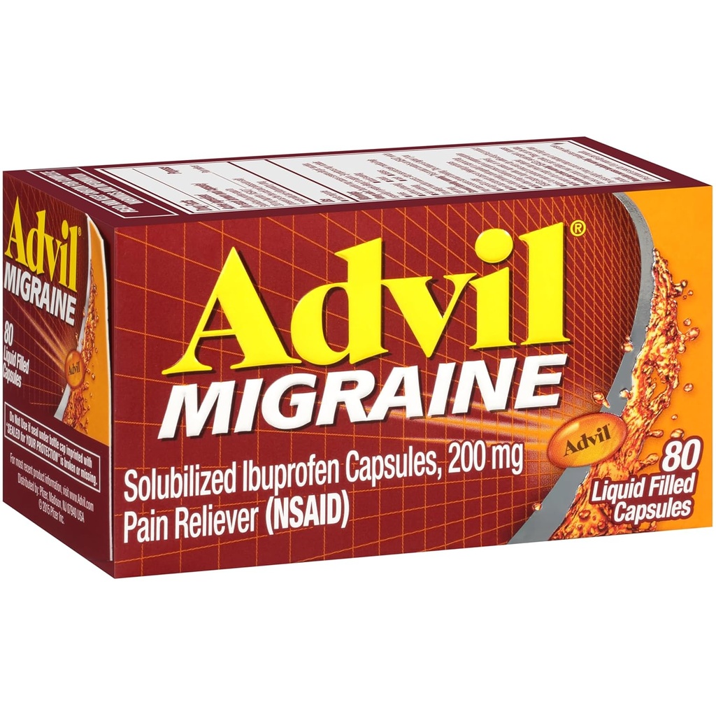 Advil Migraine Pain Reliever, Solubilized Ibuprofen 200mg, 80 Count, Liquid Filled Capsule, Potente Rilievo di Migrania