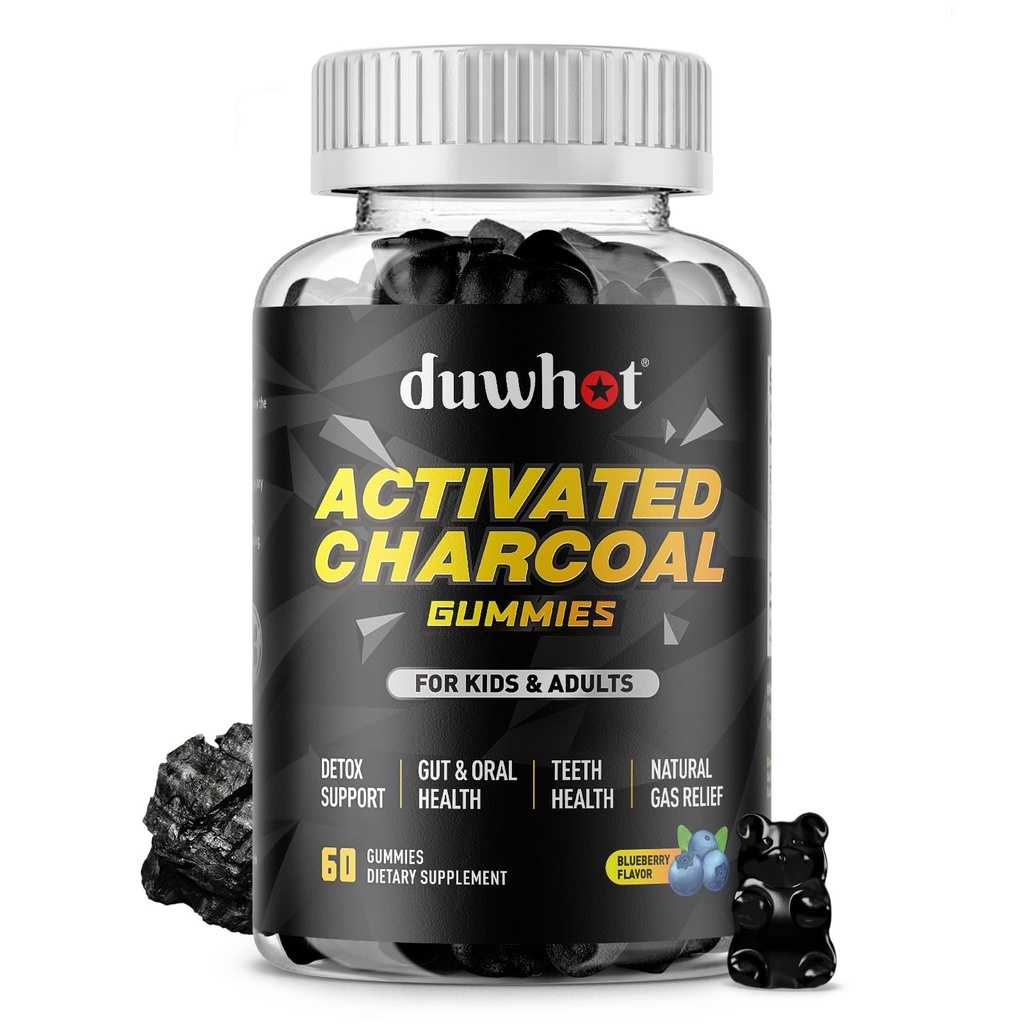 Gummie di carbone attivo per i bambini, 500mg Chewable attivato supplemento di carbone per il sollievo dal gas, Detox, Digestivo e Oral Health, Vegan Blueberry Flavor, 60 Conte