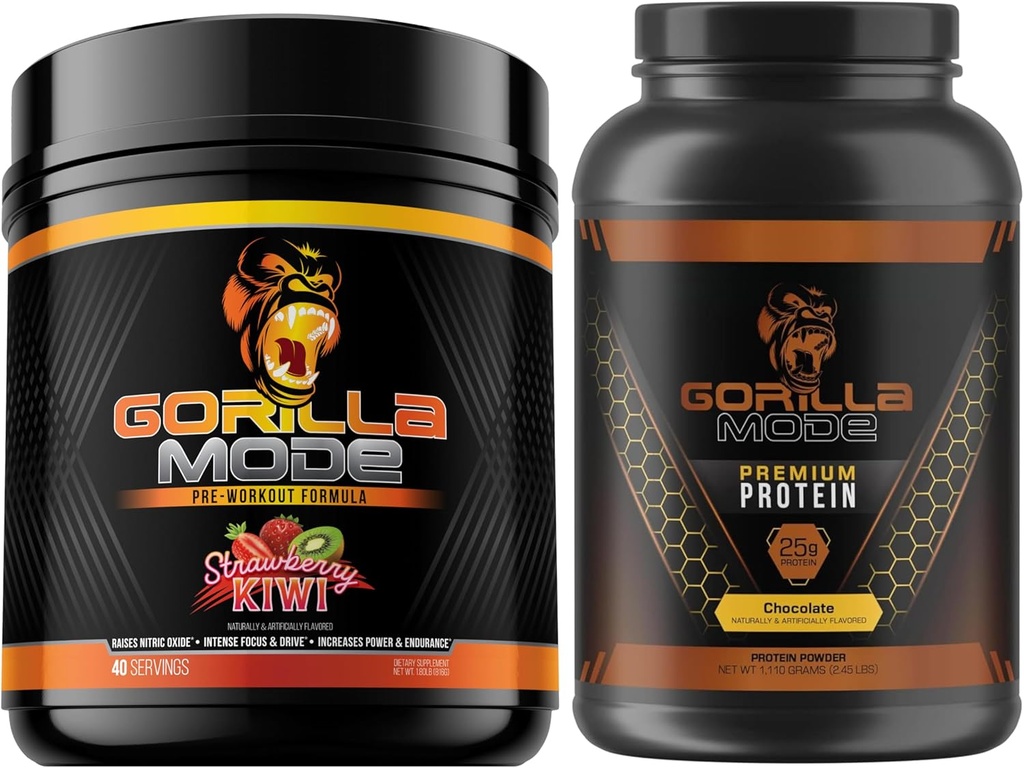 Gorilla Mind Pre Workout (Strawberry Kiwi) + Premium Whey Protein (Chocolate) - Stack completo per il rifornimento dei risultati massimi