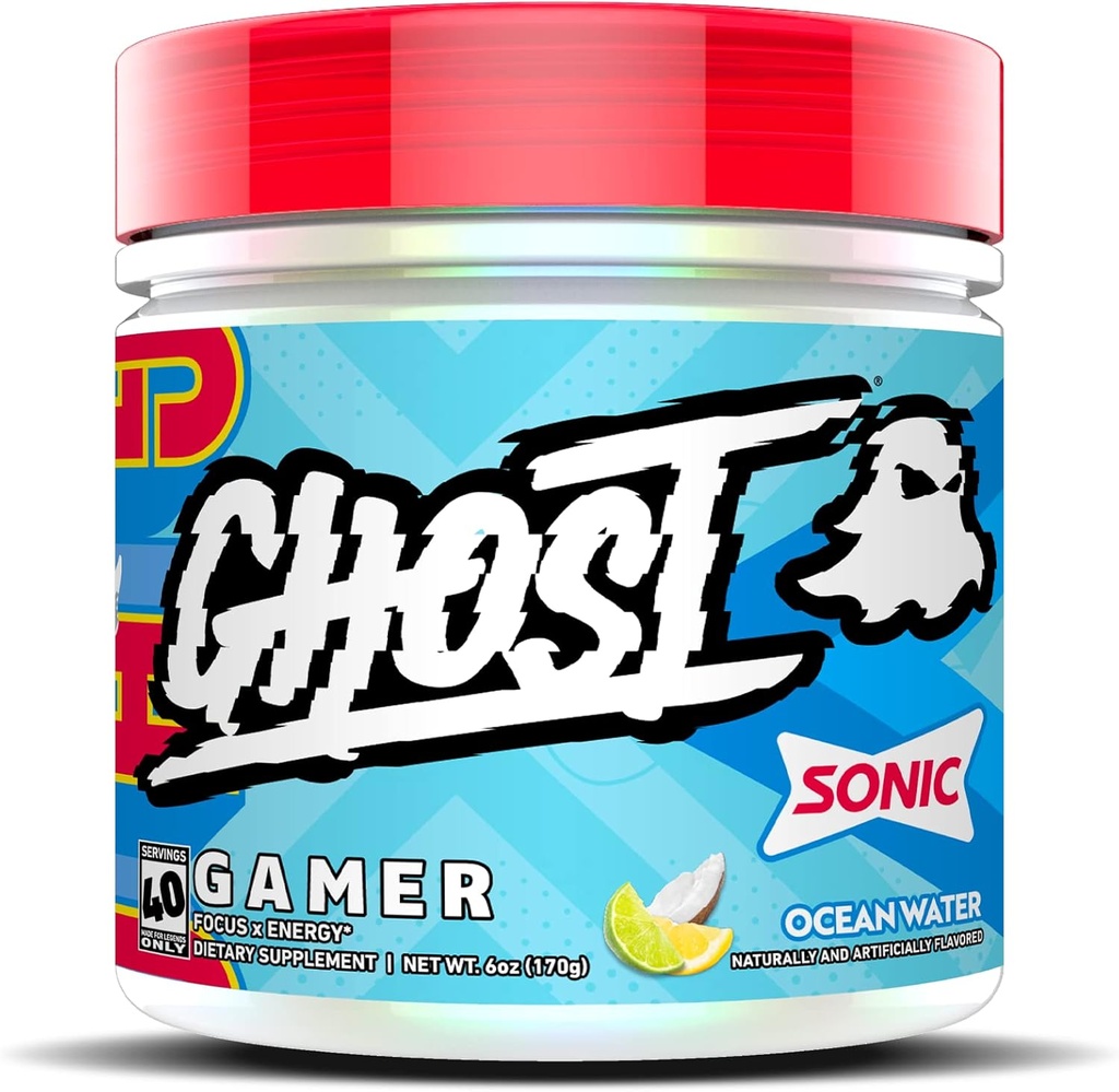 GHOST Gamer: Energy and Focus Support Formula - 40 Serve, Sonic Ocean Water - Nootropics & Natural Caffeine for Attenzione, Accuratezza & Reazione Tempo - Vegan, Gluten-Free