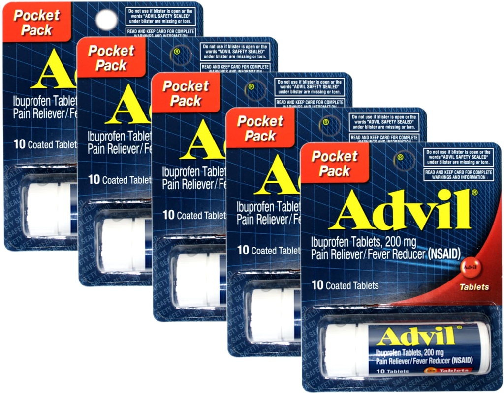 Advil Ibuprofen 200mg (NSAID) Pocket Pack, 10 compresse rivestite (Pack of 5)