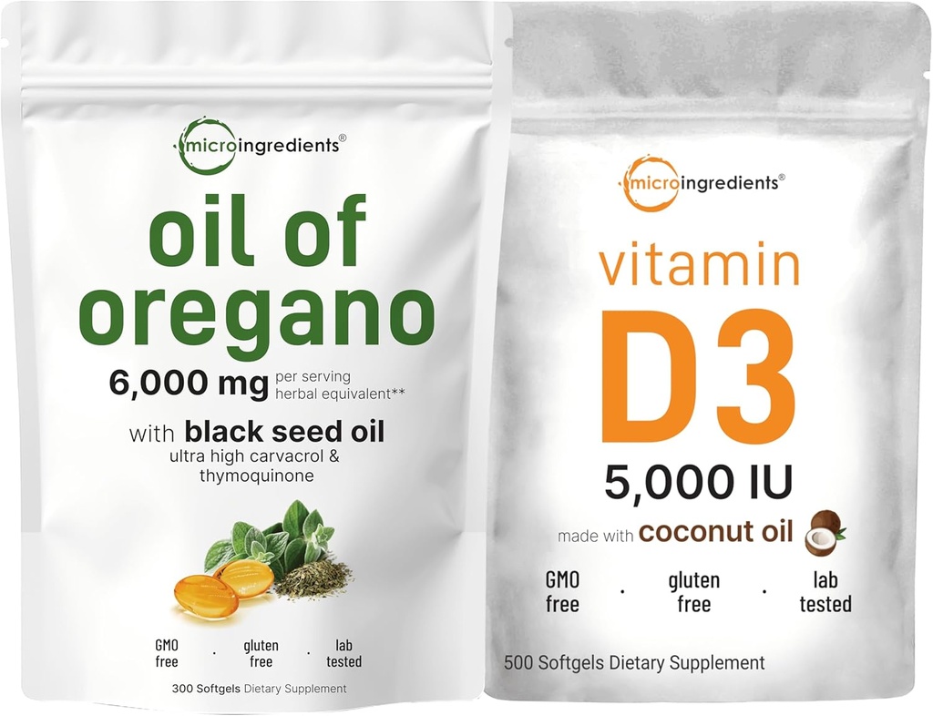 Micro Ingredienti Olio di Oregano Softgels 6.000mg Per Serving & Vitamina D3 5000 IU Bundle Pack | 4X Strength Carvacrol & Thymoquinon | Vitamina D come Cholecalciferol