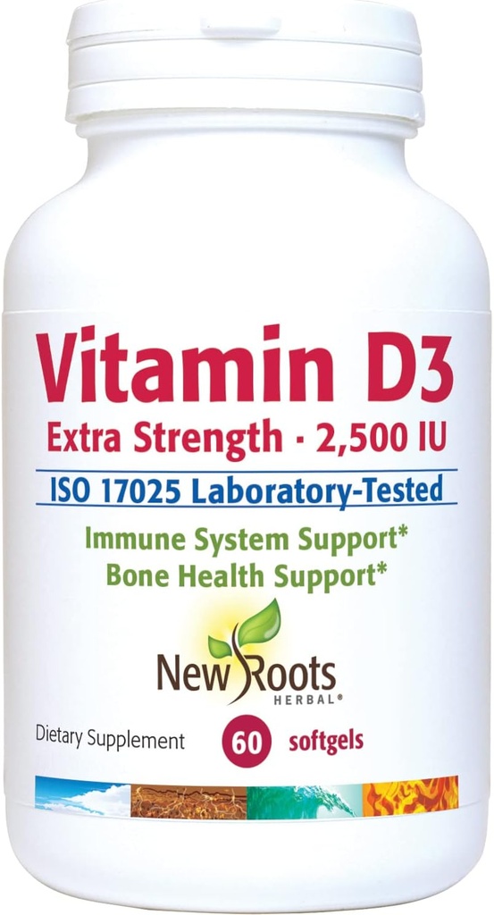 NUOVO ROOTS HERBAL Vitamin D3 2.500 IU (62,5 mcg) | Funzione muscolare sana | Supporto immunitario | Non OGM & Gluten-Free (60 Softgels)