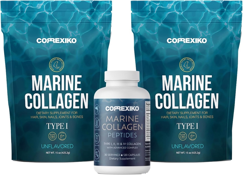 CORREXIKO 2X polvere di collagene marino (15oz) & 1x capsule marine Bundle