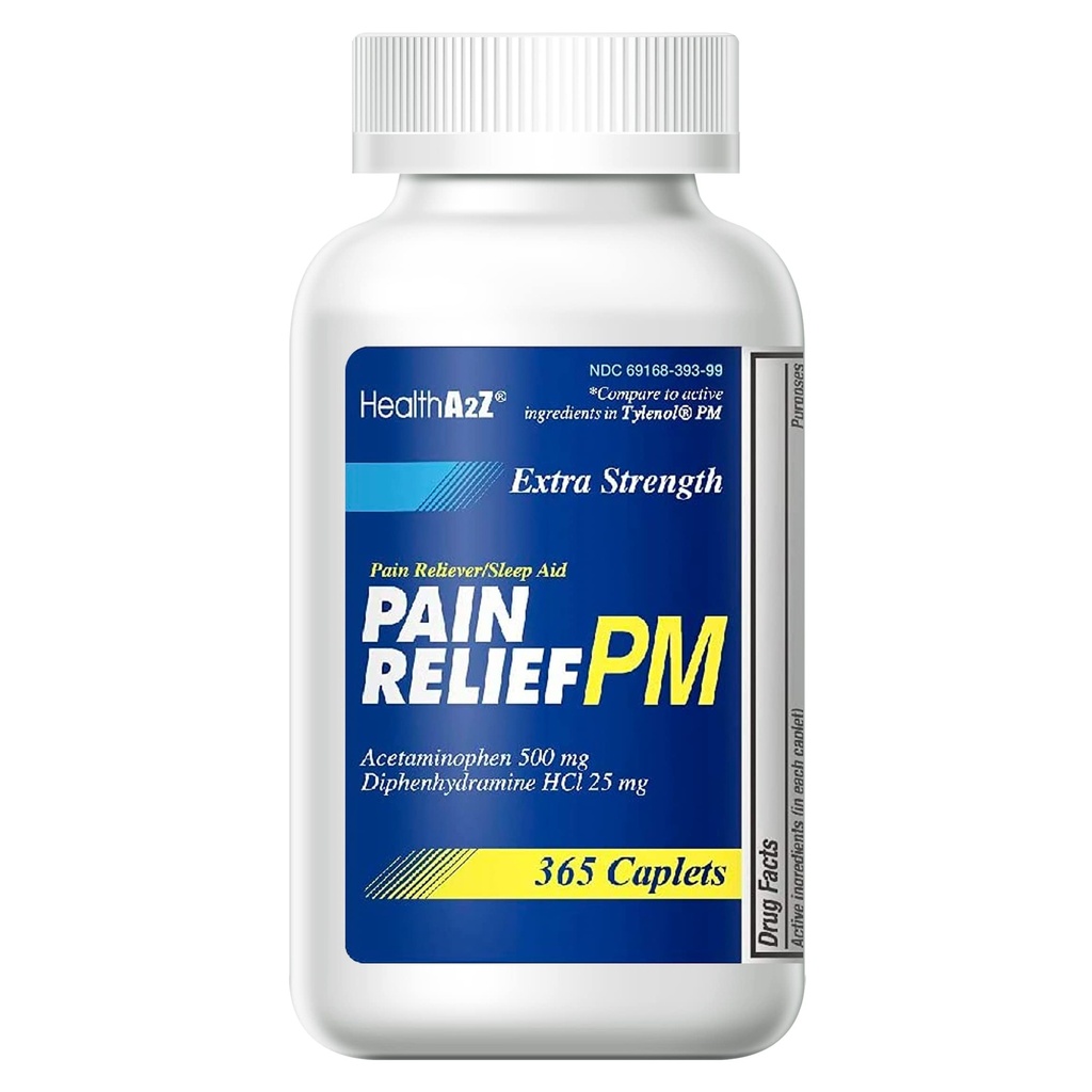 SaluteA2Z® ad alta resistenza dolore sollievo PM| Acetaminophen 500mg | Diphenhydramine 25mg | Dolore e sonno notturno | (365 conteggio (pacchetto di 1))